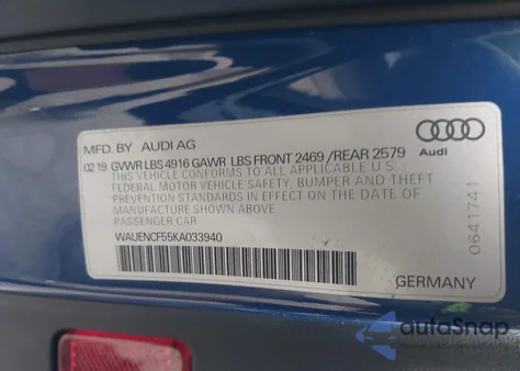 2019 Audi A5 45 Premium из США, поврежденный, VIN WAUENCF55KA033940
